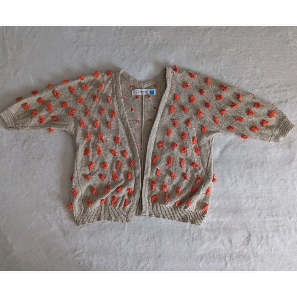 Anthropologie Sparrow Cardigan Beige Orange Tufted Pom Pom Sz S Textured Artsy